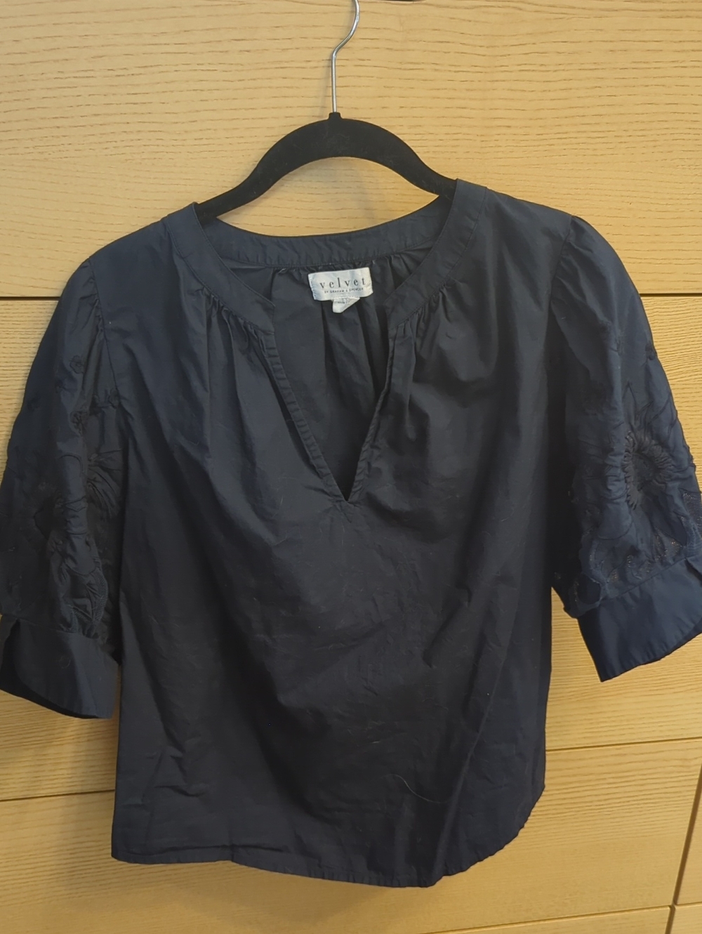 Velvet Navy V-Neck Embroidered Sleeve Blouse